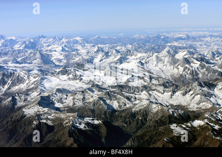 Aerial view of the Valais Alps with the Matterhorn, Dent Blanche, Zinalrothorn, Taeschhorn, Corno, Dom, Nadelspitze, etc. mount Stock Photo