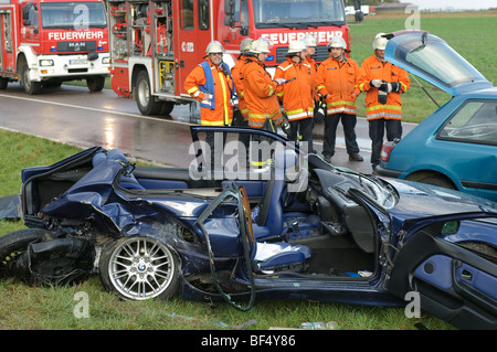 Wreck of a BMW 3 series following a fatal traffic accident on the B295 road between Leonberg and Ditzingen, Baden-Wuerttemberg, Stock Photo