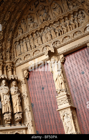 Detail view of carvings on the Gothic Cathedrale St Etienne in Metz in the Lorraine region of France Stock Photo