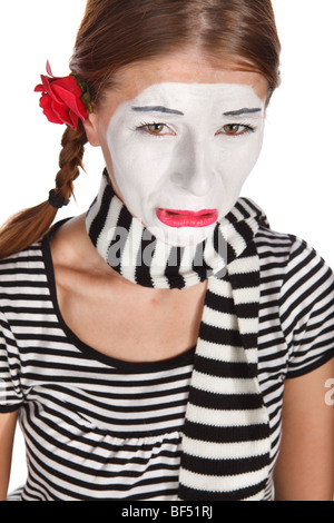 Portrait of a young lady dressed up as a mime isolated on white background Stock Photo