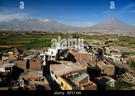 Nevado Chachani and El Misti (Guagua-Putina) from the lookout point in Arequipa, Peru, South America Stock Photo