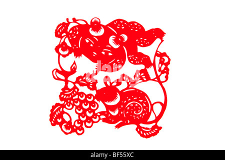 Paper Cutting piece with Chinese horoscope Rat, Beijing, China Stock Photo