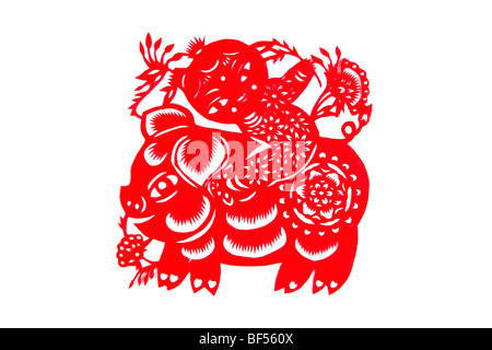 Paper Cutting piece with Chinese horoscope Pig, Beijing, China Stock Photo