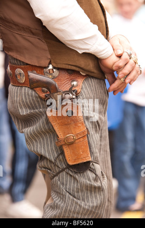 Creetown Country Music Festival close up photography of gun in holster awaiting beinging draw in the fastest draw competition Stock Photo