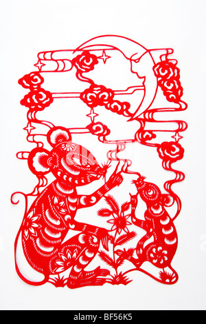 Paper Cutting piece with Chinese horoscope Rat, Beijing, China Stock Photo
