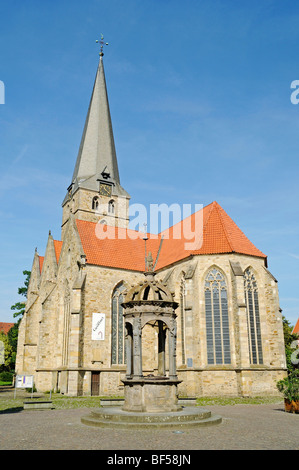 Fountain in front of St. John's Church, new market square, Herford, Eastern Westphalia, North Rhine-Westphalia, Germany, Europe Stock Photo