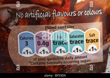 percentage of guideline daily amount food label on a bottle of cola in the uk showing trace amounts and low percentages Stock Photo