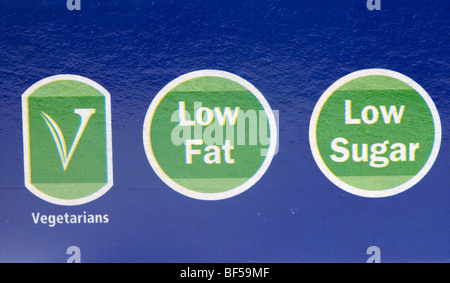 food label on in the uk showing green traffic light signs for low fat and low sugar and suitable for vegetarians Stock Photo