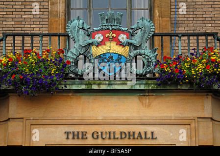 Coat of arms on the balcony of the Town Hall, Market Hill, Cambridge, Cambridgeshire, England, United Kingdom, Europe Stock Photo