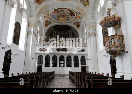 Interior with organ, Monastery and Parish Church of St. Mark in Siessen, Baden-Wuerttemberg, Germany, Europe Stock Photo