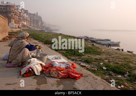Washer on the Ganges river, Varanasi, India, South Asia Stock Photo