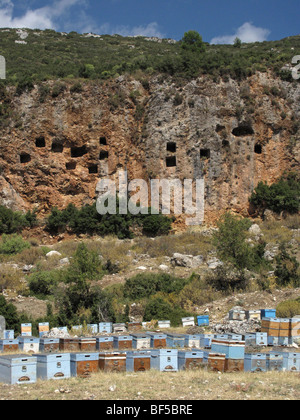 Lycian tombs & beehives, near Kalkan, Antalya, Turkey Stock Photo