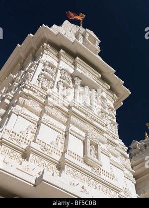Tower of The Swaminarayan Mandir hand-carved white marble Hindu temple in Toronto, Ontario, Canada. Stock Photo