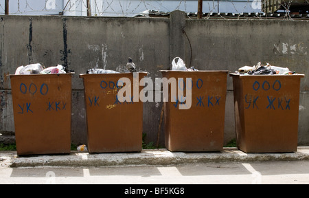 Row of bins with pigeon looking for food, Yekaterinburg, Russia Stock Photo