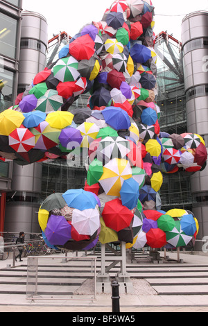 Channel 4 Four TV studios in Horseferry Road Westminster London with umbrella art artwork in the shape of 4 four logo Stock Photo