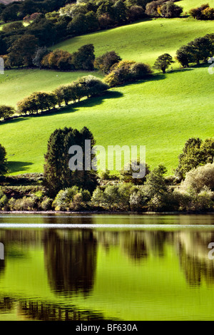 Perfect reflection at Talybont reservoir, Brecon Beacons in Wales taken on beautiful bright sunny day