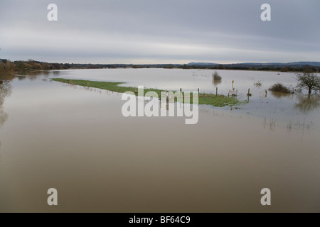 Fencing and signage in a flooded field, Pulborough, West Sussex, England. Stock Photo