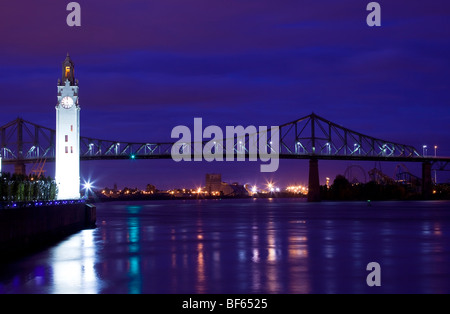 Clock tower and Jacques Cartier Bridge, Montreal, Canada Stock Photo