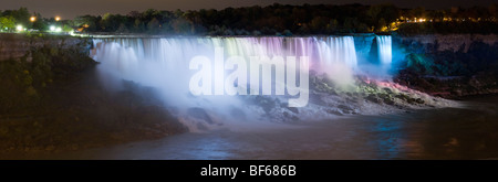 Floodlit Niagara Falls: American and Bridal Veil Falls. A nighttime panorama of the famous falls taken from the Canadian side Stock Photo