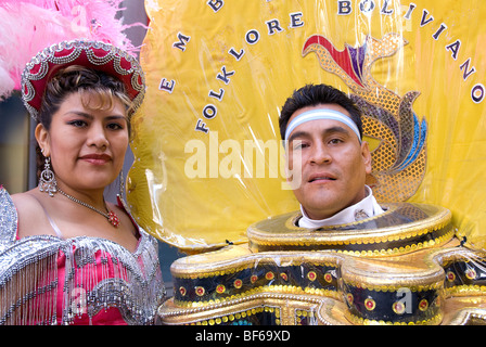 Bolivian folkloric costume, Annual Hispanic Day Parade on 5th Avenue, New York City, Celebrating the Hispanic Heritage Stock Photo