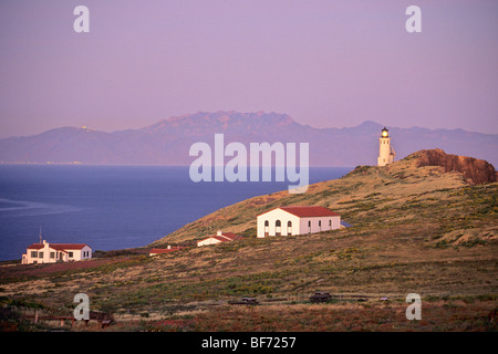 Lighthouse at twilight on East Anacapa Island, view to mainland, Channel Islands National Park, California, USA Stock Photo