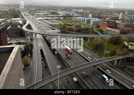 Aerial View Of M8, Kingston Bridge, Motorway Passing Through Glasgow 