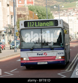 First bus company coach public transport, 112 to Llanelli, in Swansea city centre Stock Photo
