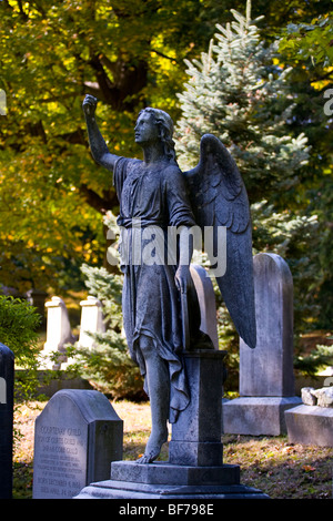 Forest Hills Cemetery.  Angel gravestone statue in cemetery. Stock Photo