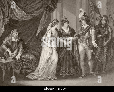 Henry V of England taking the hand of Catherine, daughter of Charles VI of France, seen on left.