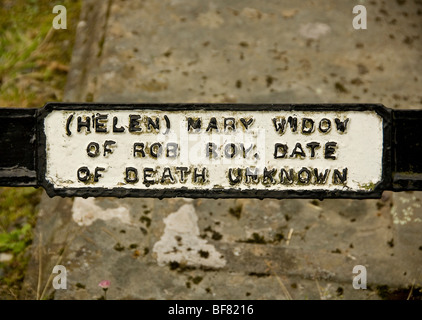 Rob Roys Grave. Closeup of his wife, Helen Mary MacGregor's name plaque on the family grave in Balquhidder. Scotland