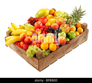 WOODEN BOX FILLED WITH ASSORTED FRESH FRUIT Stock Photo