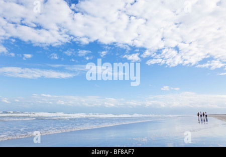 Four young people, two couples, holding hands, walking down on a deserted beach Stock Photo