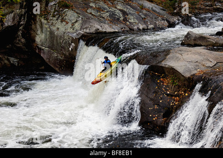 Kayaker Going Over Baby Falls on the Tellico River in Bald River Gorge Wilderness in Cherokee National Forest Stock Photo