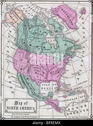 Original old map of North America from 1865 geography textbook Stock ...