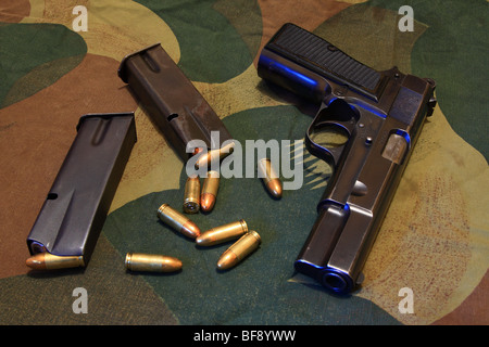 Browning Hi Power GP35 9mm Pistol and ammunition Stock Photo