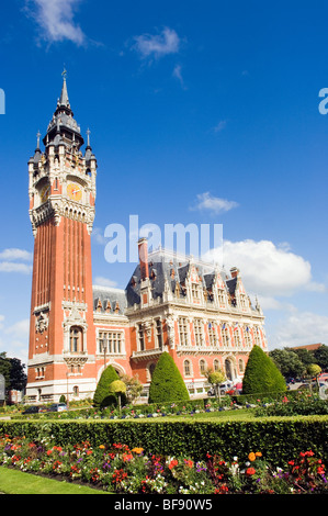 The town hall of Calais, Haute Ville. The Belfry contains a set of bells which chimes regularly. France. Stock Photo