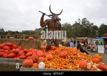 A minotaur statue watches over piles of pumpkins near the 2009 Half Moon Bay Art and Pumpkin Festival. Stock Photo