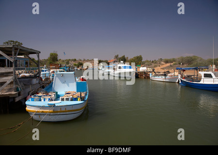 fishing boats tied up in potamos typical small unspoilt fishing village republic of cyprus europe Stock Photo