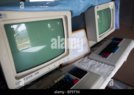 Old soviet computer at the cargo helicopter Mi-26 (Halo Heavy Transport Helicopter), Ukrainian aviation museum in Kiev-Zhulyany. Stock Photo
