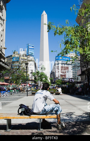 El Obelisco, The Obelisk and Corrientes avenue, Buenos Aires, Argentina Stock Photo