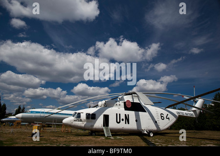 Cargo helicopter Mi-26 (Halo Heavy Transport Helicopter) is seen in the Ukrainian aviation museum in Kiev-Zhulyany. Stock Photo