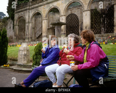 UK, England, Staffordshire, visitors in Alton Towers gardens drinking Ribena Stock Photo