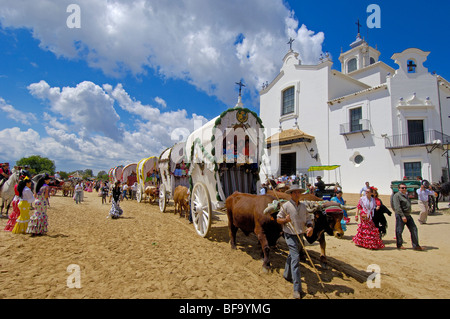 Pilgrims at El Rocio village, Romeria (pilgrimage) to El Rocio. Almonte, Huelva province, Andalucia, Spain Stock Photo