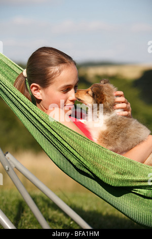 Shetland Sheepdog (Canis lupus f. familiaris), girl lying in a hammock with a puppy, Germany Stock Photo