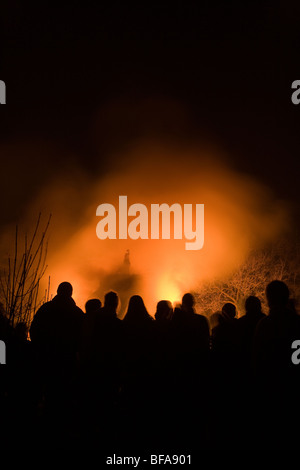 Crowds in front of bonfire on Bonfire Night November the 5th Stock Photo