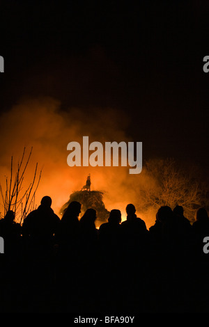 Crowds in front of bonfire on Bonfire Night November the 5th Stock Photo