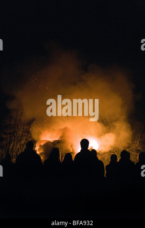 Crowds in front of bonfire on Bonfire Night November the 5th Stock Photo