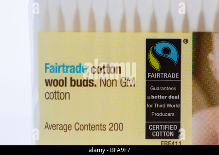 Britain UK Europe. Packet of Fairtrade cotton wool buds made from non-GM cotton with fair trade logo on the label Stock Photo