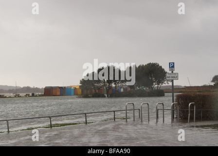 'No Golf' sign in a flooded seaside park, Hamworthy, Poole, Dorset Stock Photo