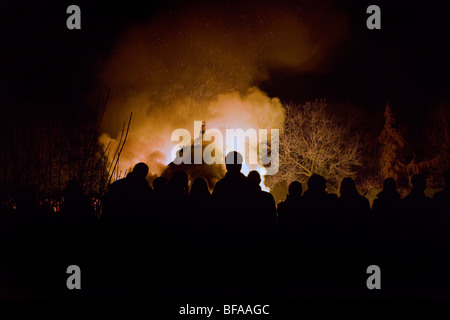 Crowds in front of bonfire on Bonfire Night November the 5th Stock Photo